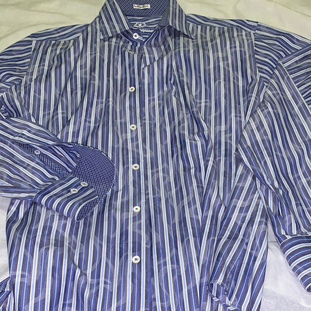 Bugatchi Navy and White Striped Men's Button-Down Shirt